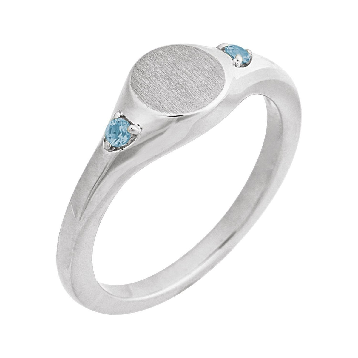 Sapphire Row Engravable Natural Gemstone Accented Signet Ring - Aquamarine, Platinum