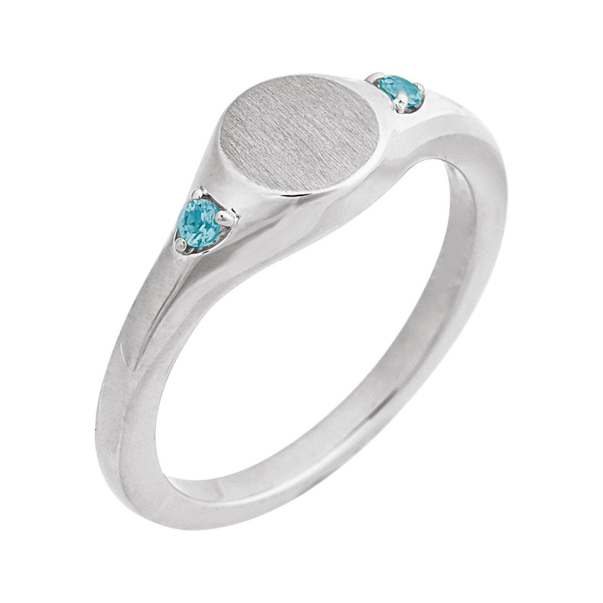 Sapphire Row Engravable Natural Gemstone Accented Signet Ring - Blue Zircon, Platinum