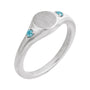 Sapphire Row Engravable Natural Gemstone Accented Signet Ring - Blue Zircon, 14K White Gold
