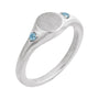 Sapphire Row Engravable Natural Gemstone Accented Signet Ring - Aquamarine, 14K White Gold