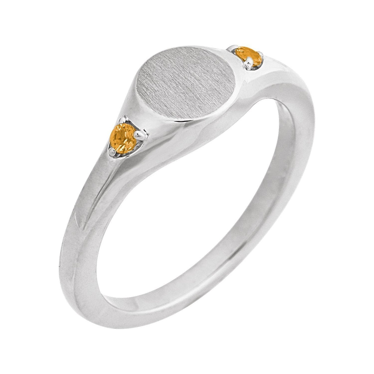 Sapphire Row Engravable Natural Gemstone Accented Signet Ring - Citrine, 14K White Gold