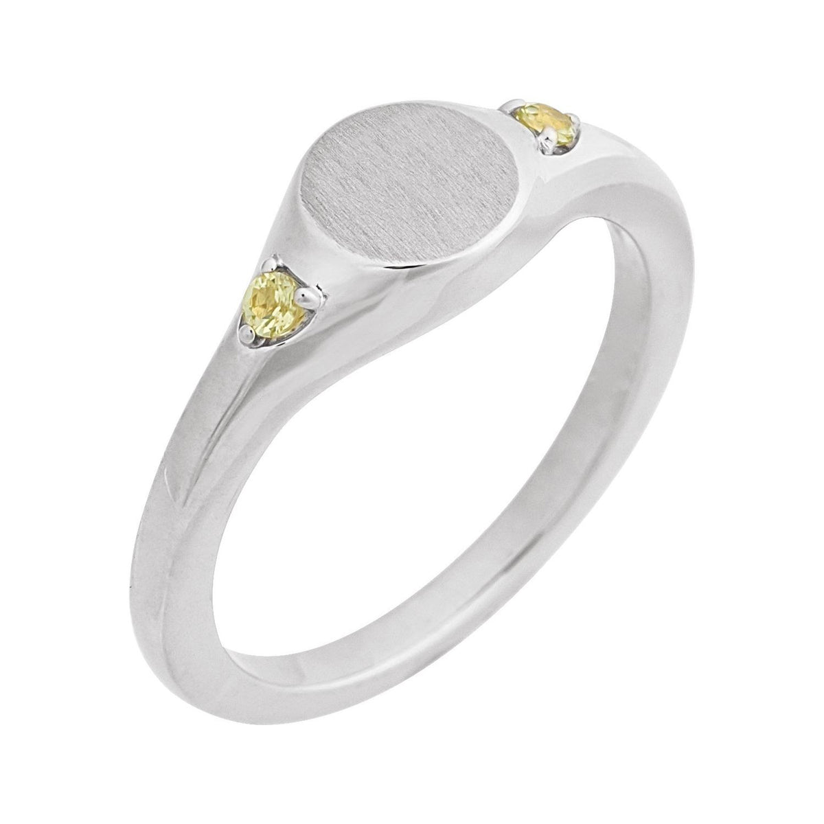 Sapphire Row Engravable Natural Gemstone Accented Signet Ring - Peridot, 14K White Gold