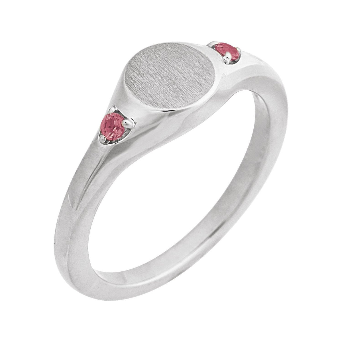 Sapphire Row Engravable Natural Gemstone Accented Signet Ring - Pink Tourmaline, 14K White Gold