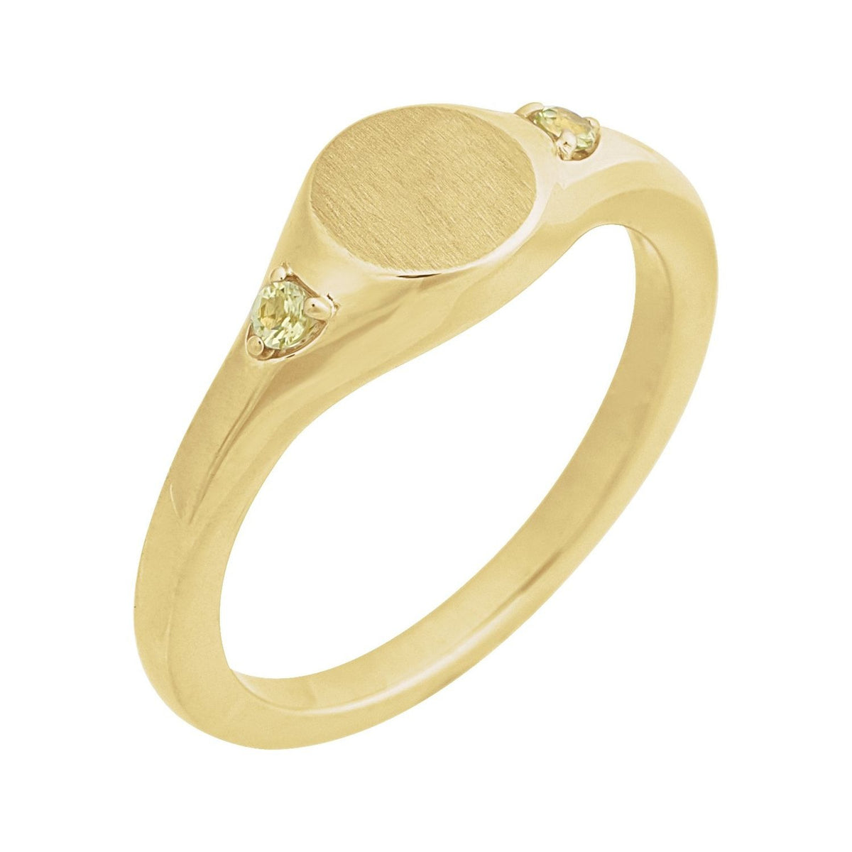 Sapphire Row Engravable Natural Gemstone Accented Signet Ring - Peridot, 14K Yellow Gold
