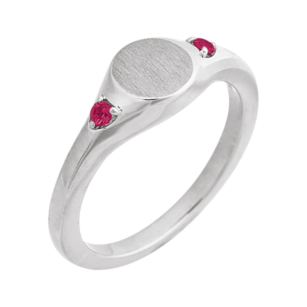 Sapphire Row Engravable Lab-Grown Gemstone Accented Signet Ring - Ruby, 14K White Gold