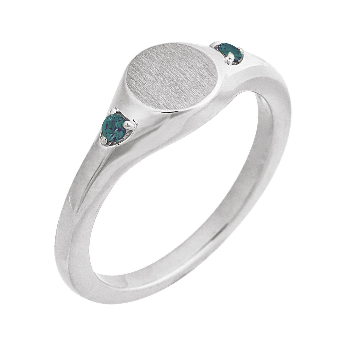Sapphire Row Engravable Lab-Grown Gemstone Accented Signet Ring - Alexandrite, 14K White Gold