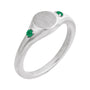 Sapphire Row Engravable Lab-Grown Gemstone Accented Signet Ring - Emerald, 14K White Gold