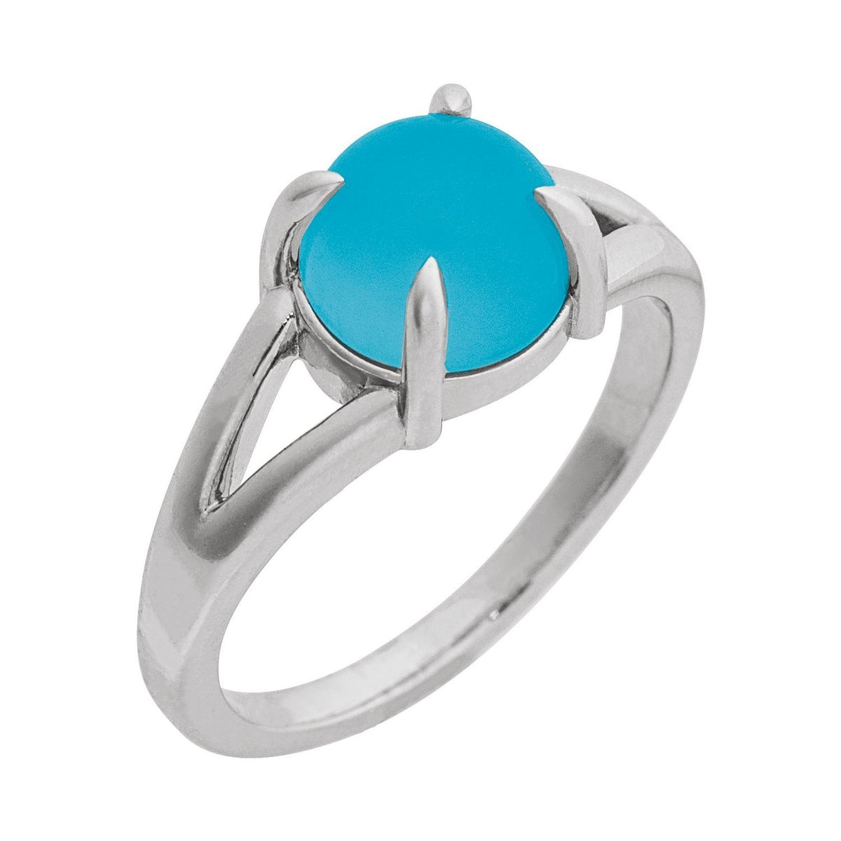 Sapphire Row Natural Gemstone Claw-Prong Cabochon Ring - Turquoise, 14K White Gold, Round 6 mm