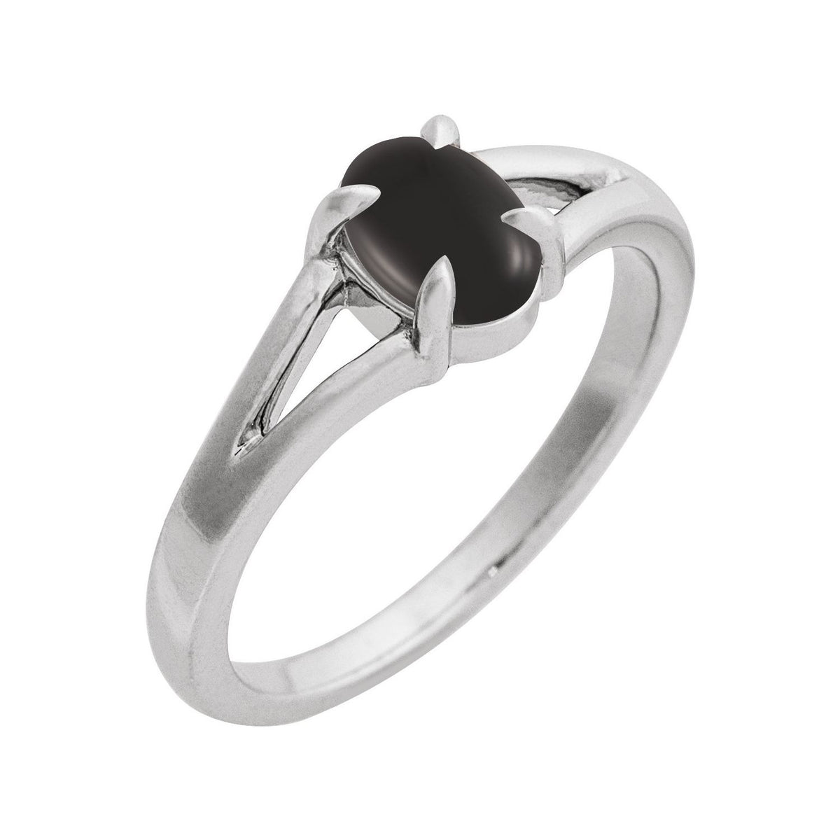 Sapphire Row Natural Gemstone Claw-Prong Cabochon Ring - Onyx, 14K White Gold, Oval 7 × 5 mm