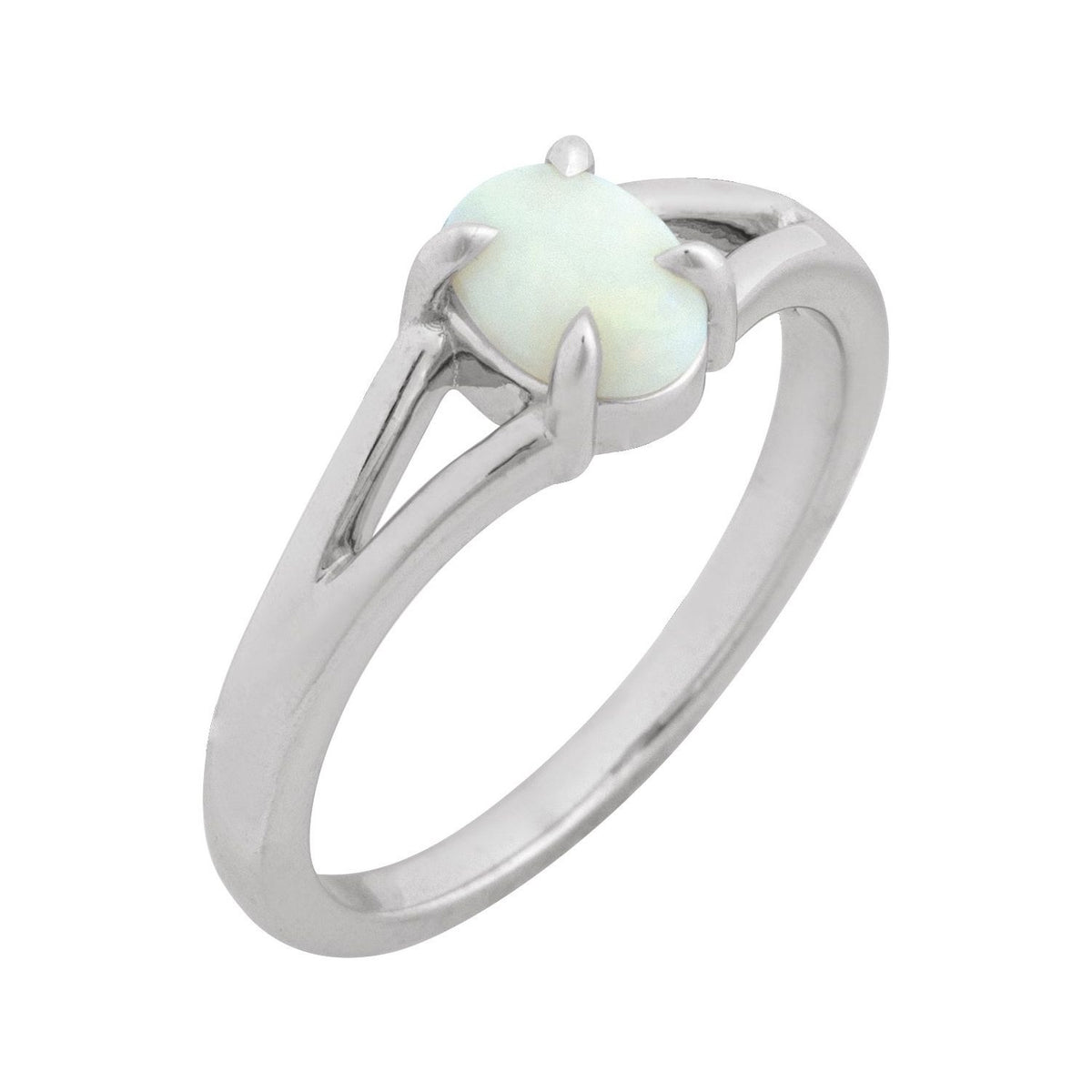 Sapphire Row Natural Gemstone Claw-Prong Cabochon Ring - White Opal, Platinum, Oval 7 × 5 mm