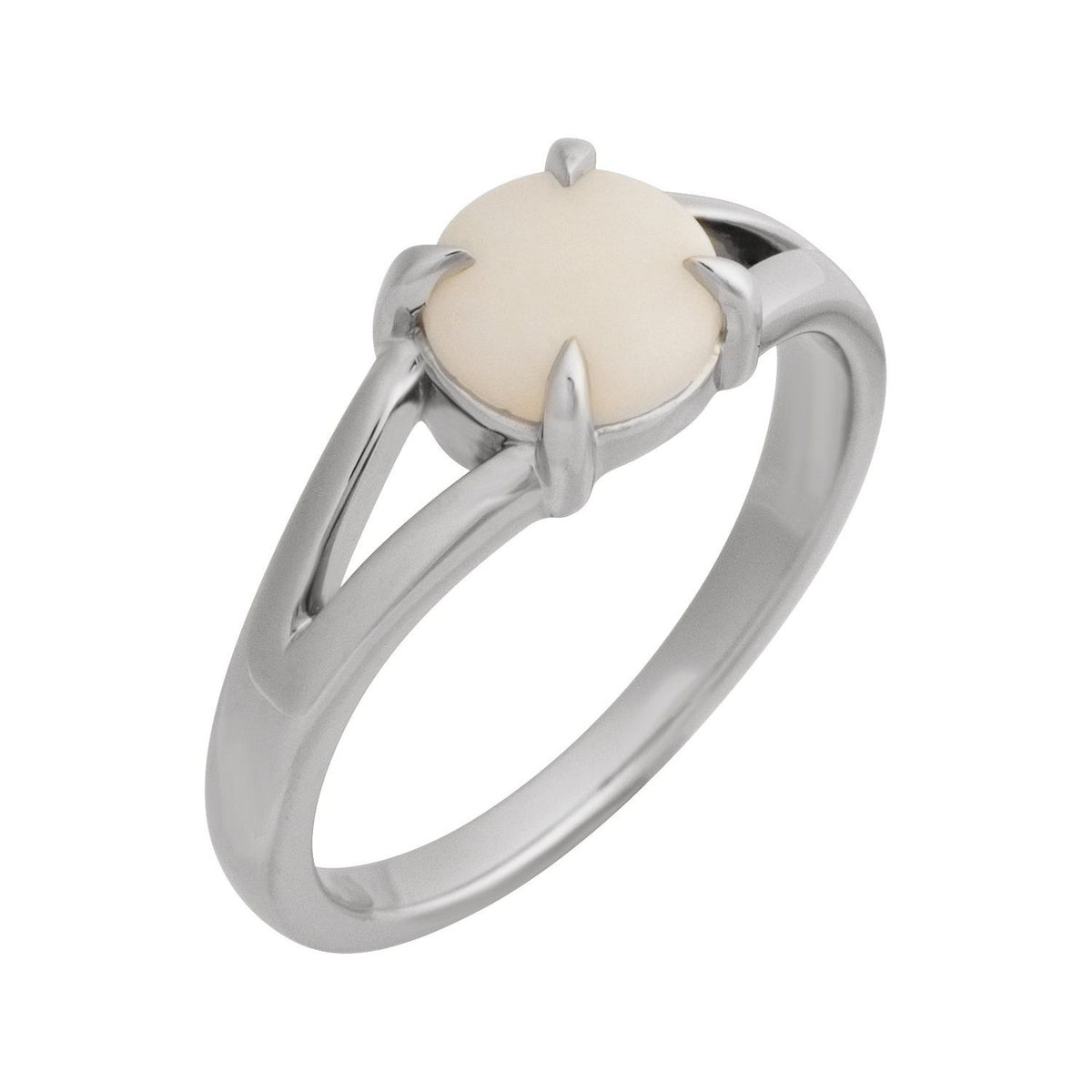Sapphire Row Natural Gemstone Claw-Prong Cabochon Ring - White Opal, 14K White Gold, Round 7 mm