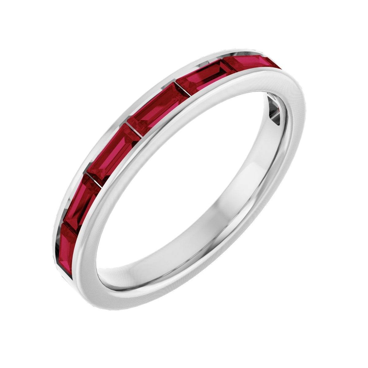 Sapphire Row Natural Gemstone Baguette Channel Stackable Ring - Ruby, 14K White Gold