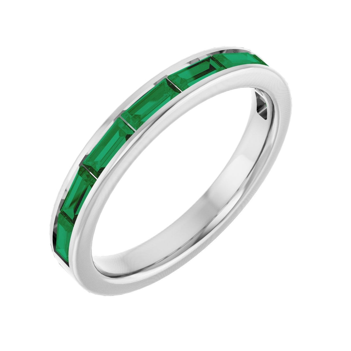 Sapphire Row Natural Gemstone Baguette Channel Stackable Ring - Emerald, 14K White Gold