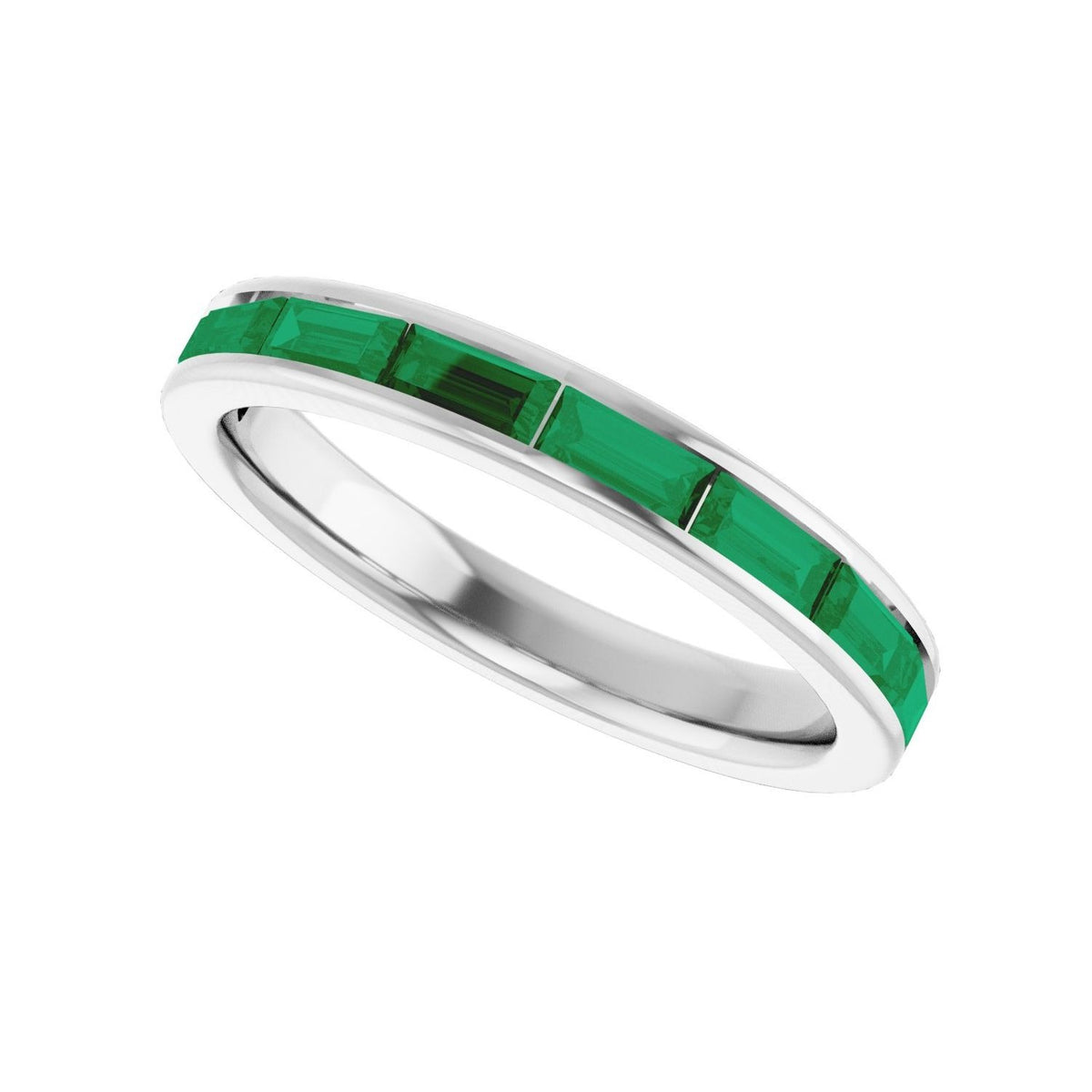 Sapphire Row Natural Gemstone Baguette Channel Stackable Ring - Emerald, 14K White Gold (view 5)