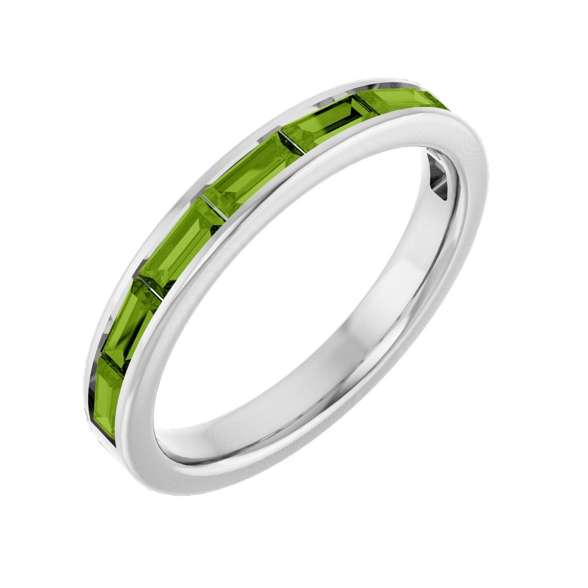 Sapphire Row Natural Gemstone Baguette Channel Stackable Ring - Peridot, 14K White Gold
