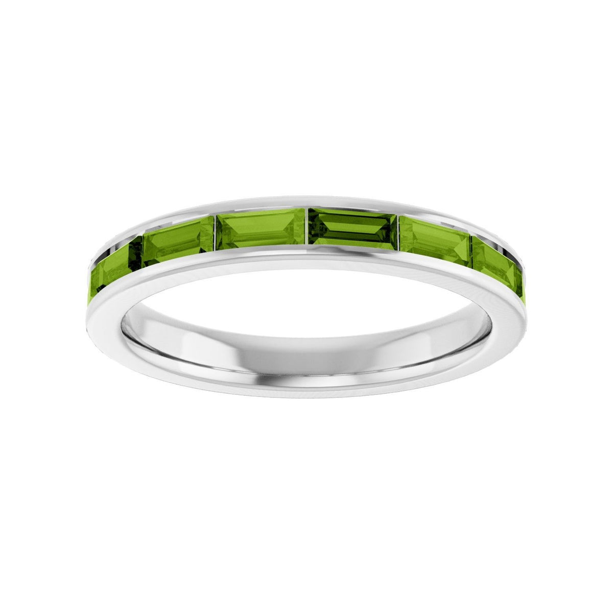 Sapphire Row Natural Gemstone Baguette Channel Stackable Ring - Peridot, 14K White Gold (view 3)