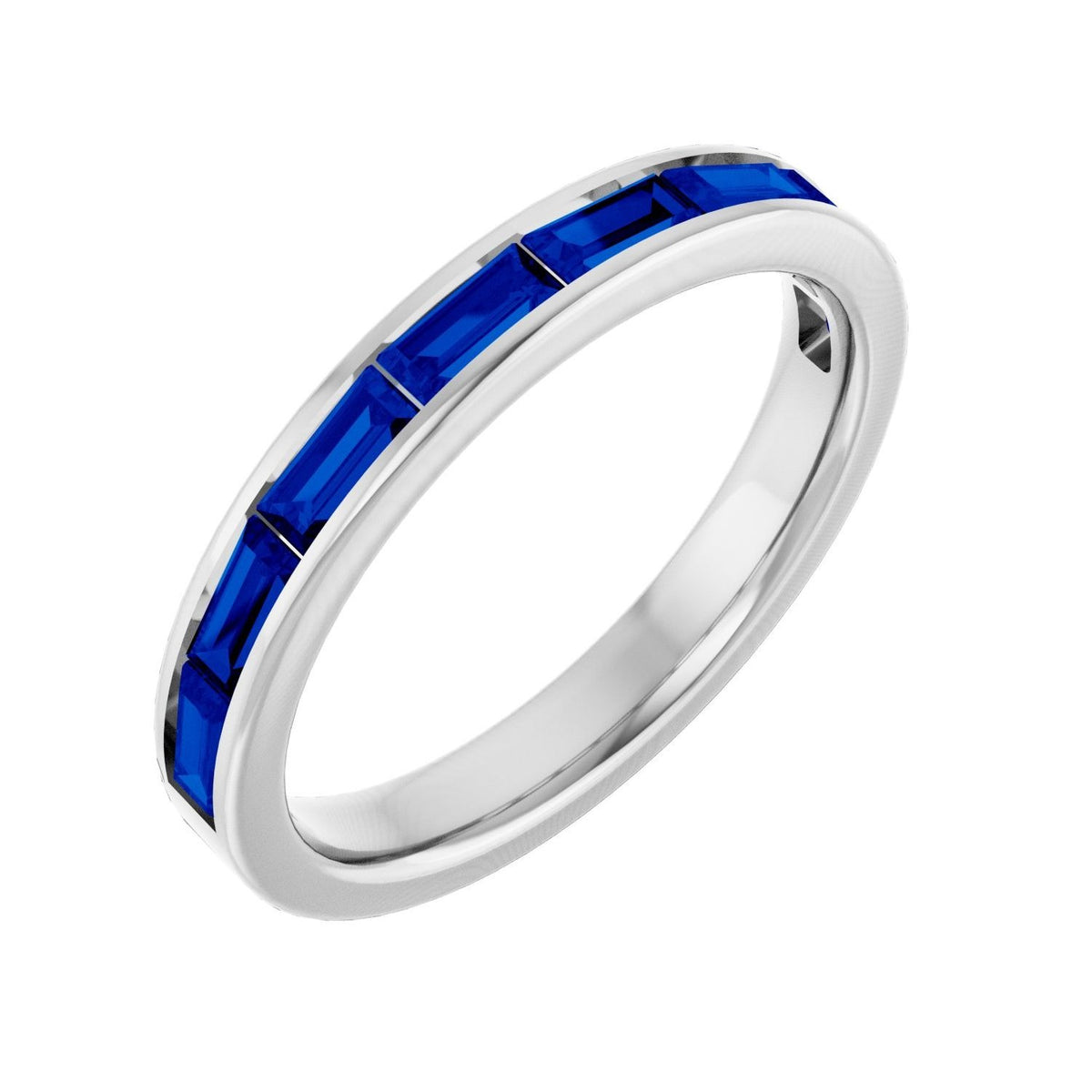 Sapphire Row Lab-Grown Gemstone Baguette Channel Stackable Ring - Blue Sapphire, 14K White Gold