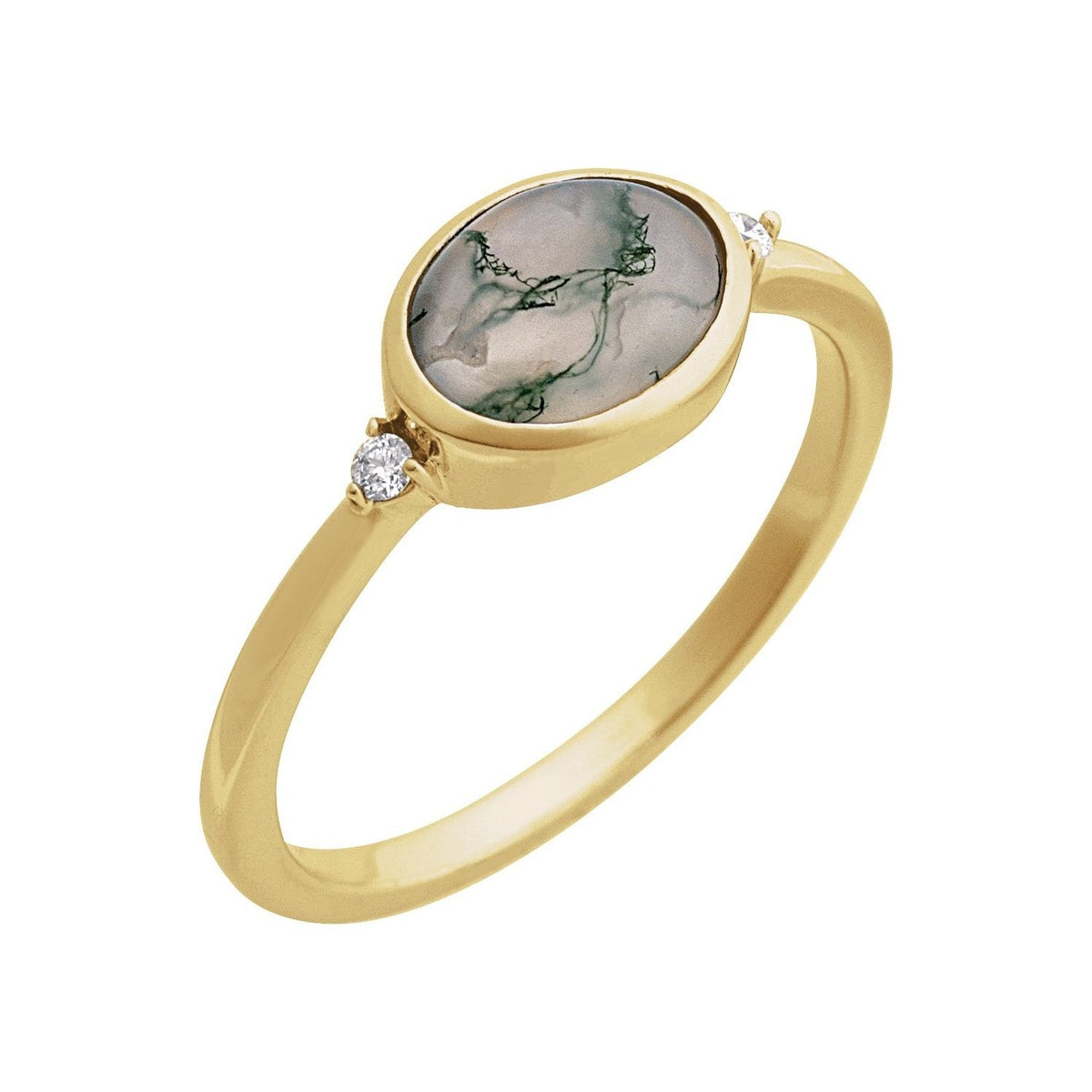 Sapphire Row Natural Gemstone Bezel-Set Cabochon Ring - Moss Agate, 14K Yellow Gold, Oval 8 × 6 mm