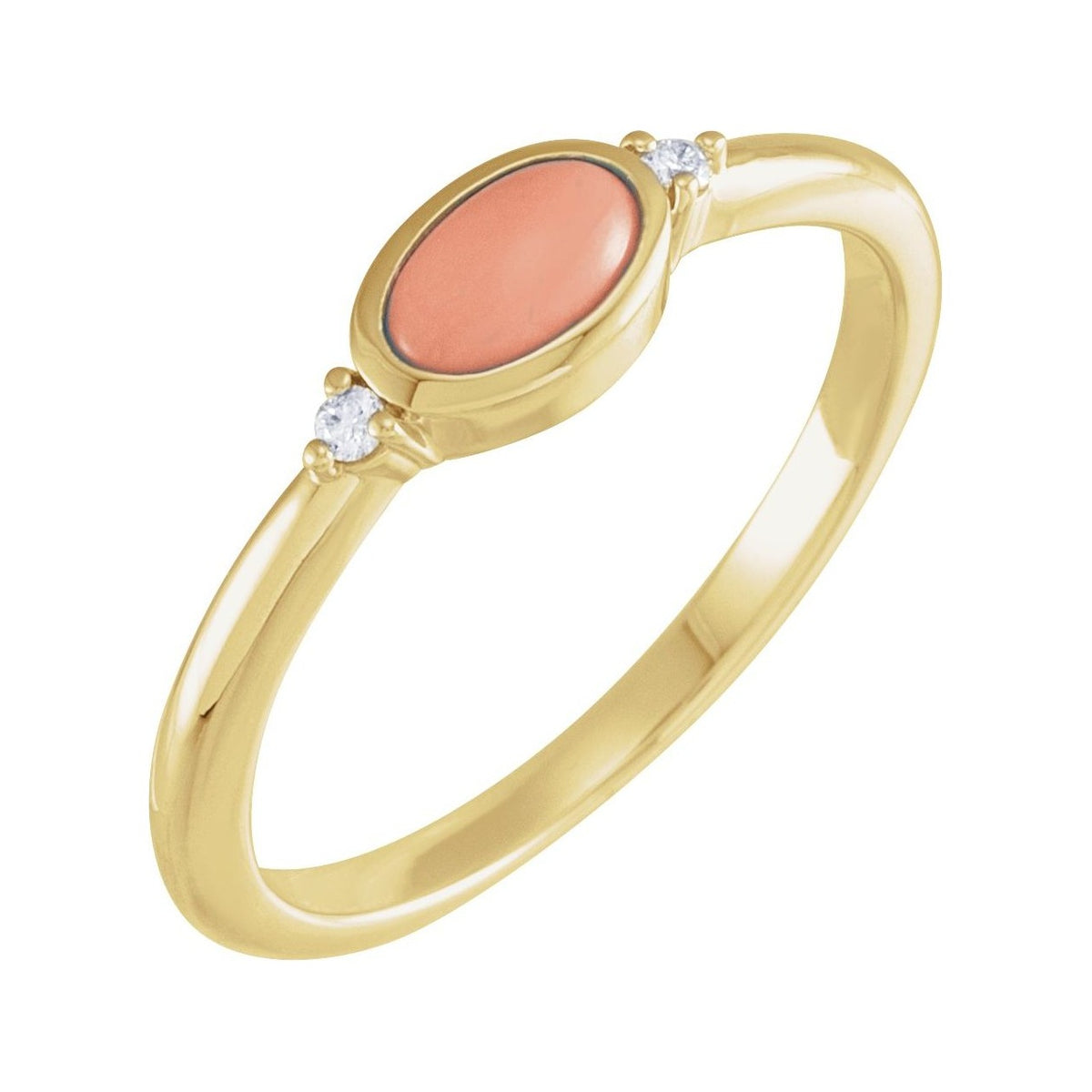 Sapphire Row Natural Gemstone Bezel-Set Cabochon Ring - Pink Coral, 14K Yellow Gold, Oval 6 × 4 mm