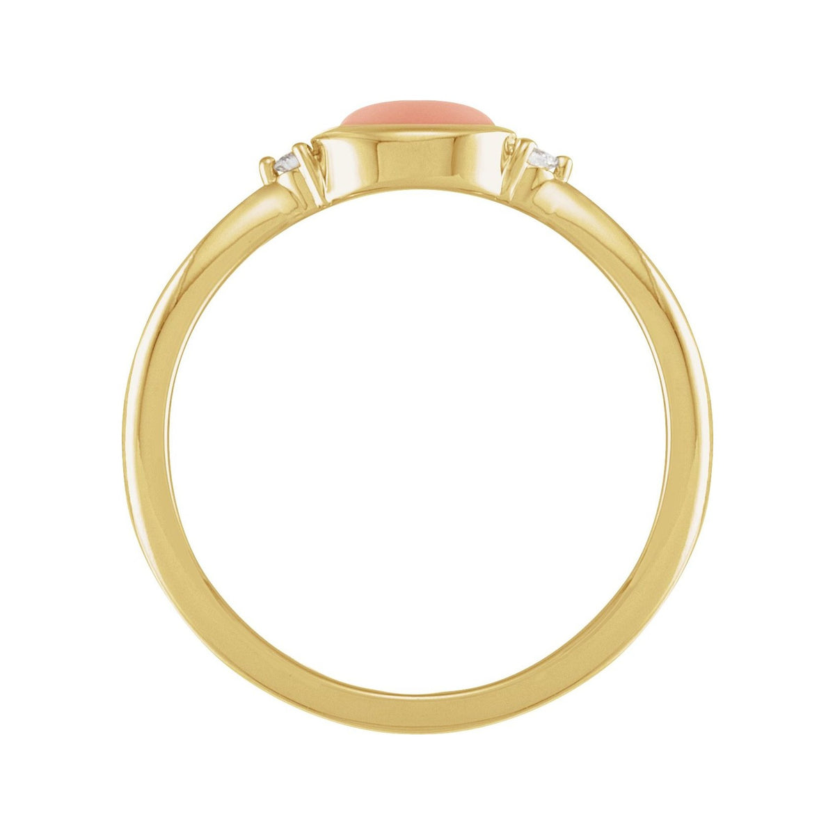 Sapphire Row Natural Gemstone Bezel-Set Cabochon Ring - Pink Coral, 14K Yellow Gold, Oval 6 × 4 mm (view 2)