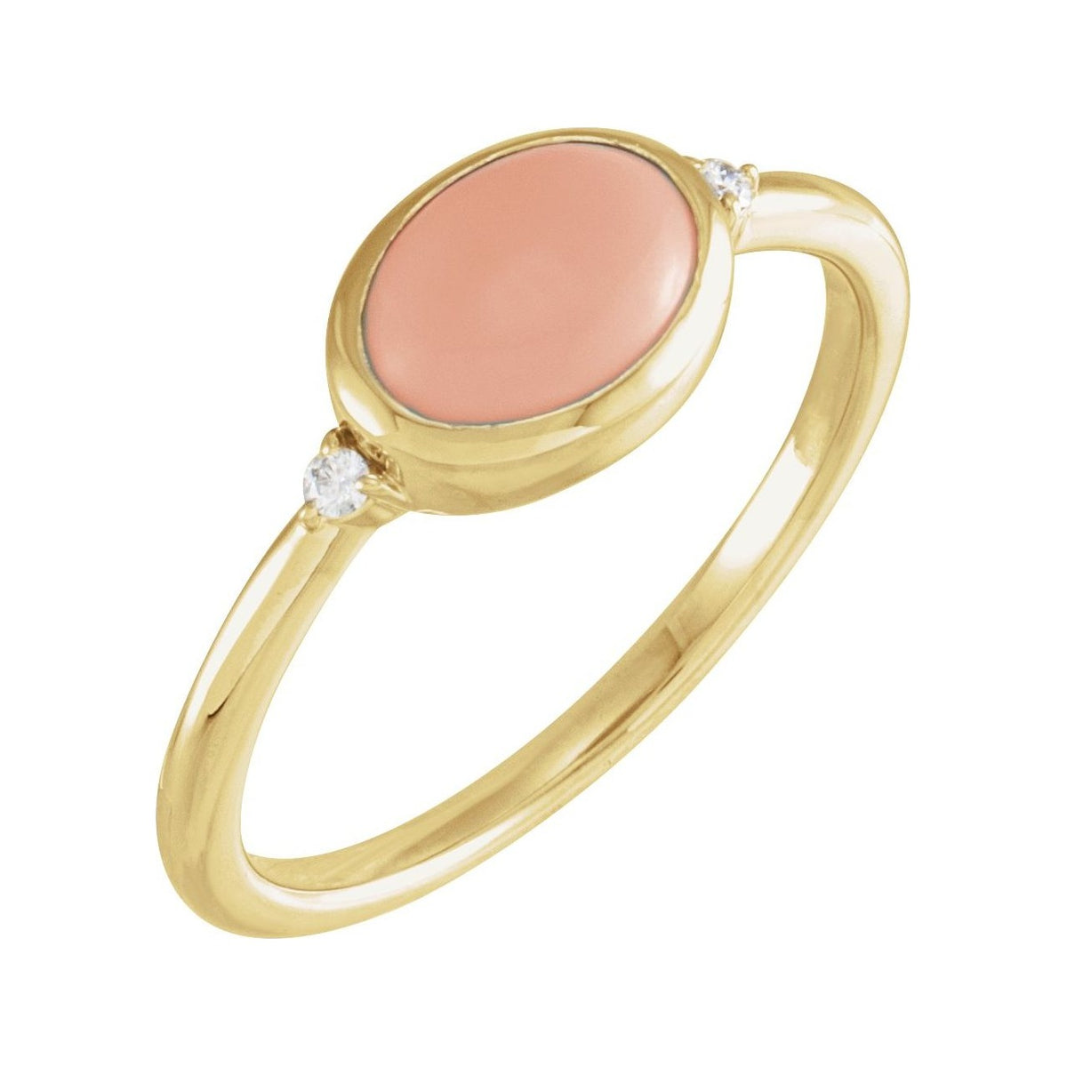 Sapphire Row Natural Gemstone Bezel-Set Cabochon Ring - Pink Coral, 14K Yellow Gold, Oval 8 × 6 mm