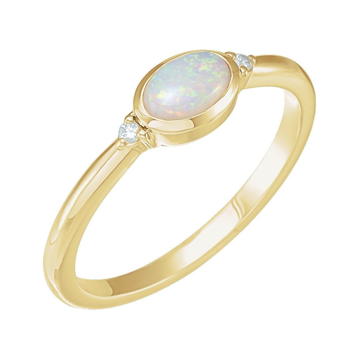 Sapphire Row Natural Gemstone Bezel-Set Cabochon Ring - Ethiopian Opal, 14K Yellow Gold, Oval 6 × 4 mm