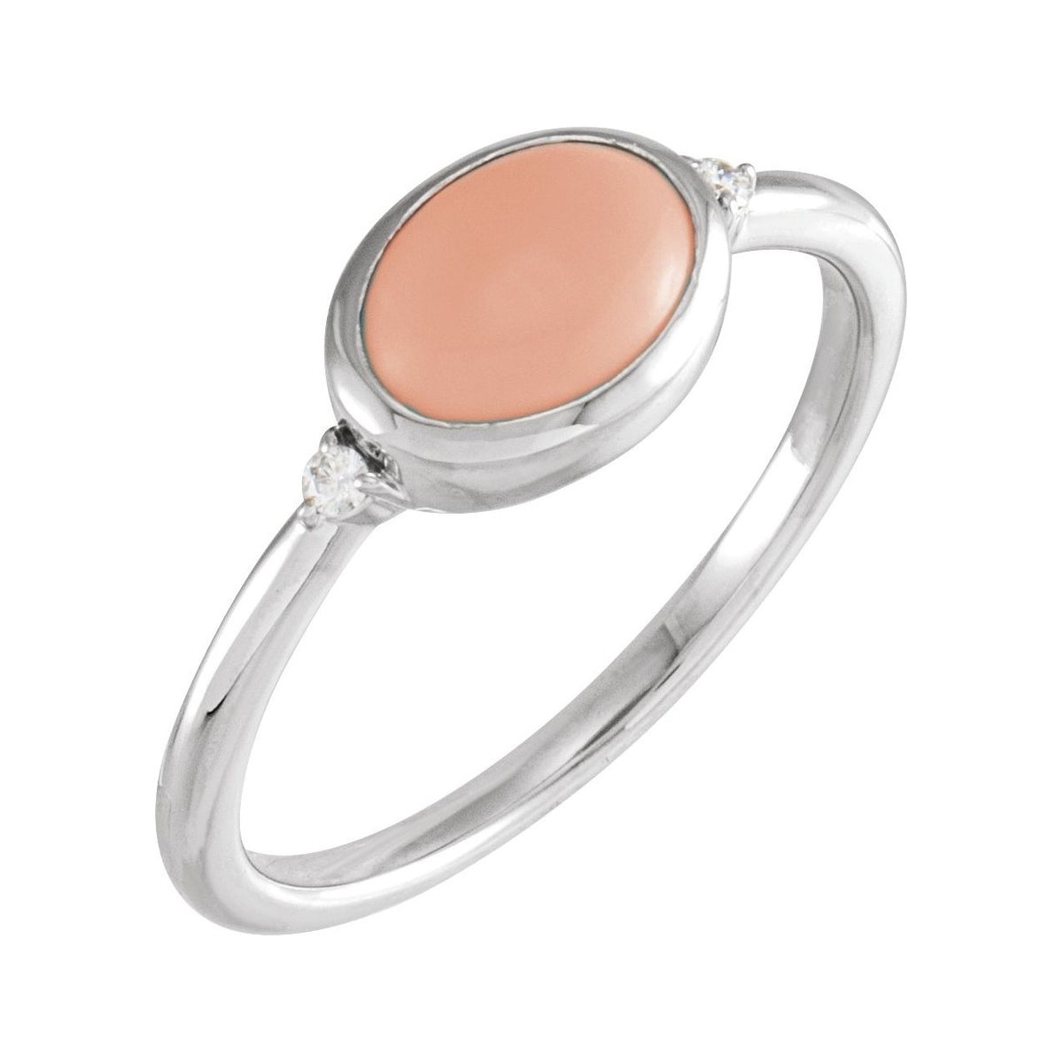 Sapphire Row Natural Gemstone Bezel-Set Cabochon Ring - Pink Coral, Platinum, Oval 8 × 6 mm