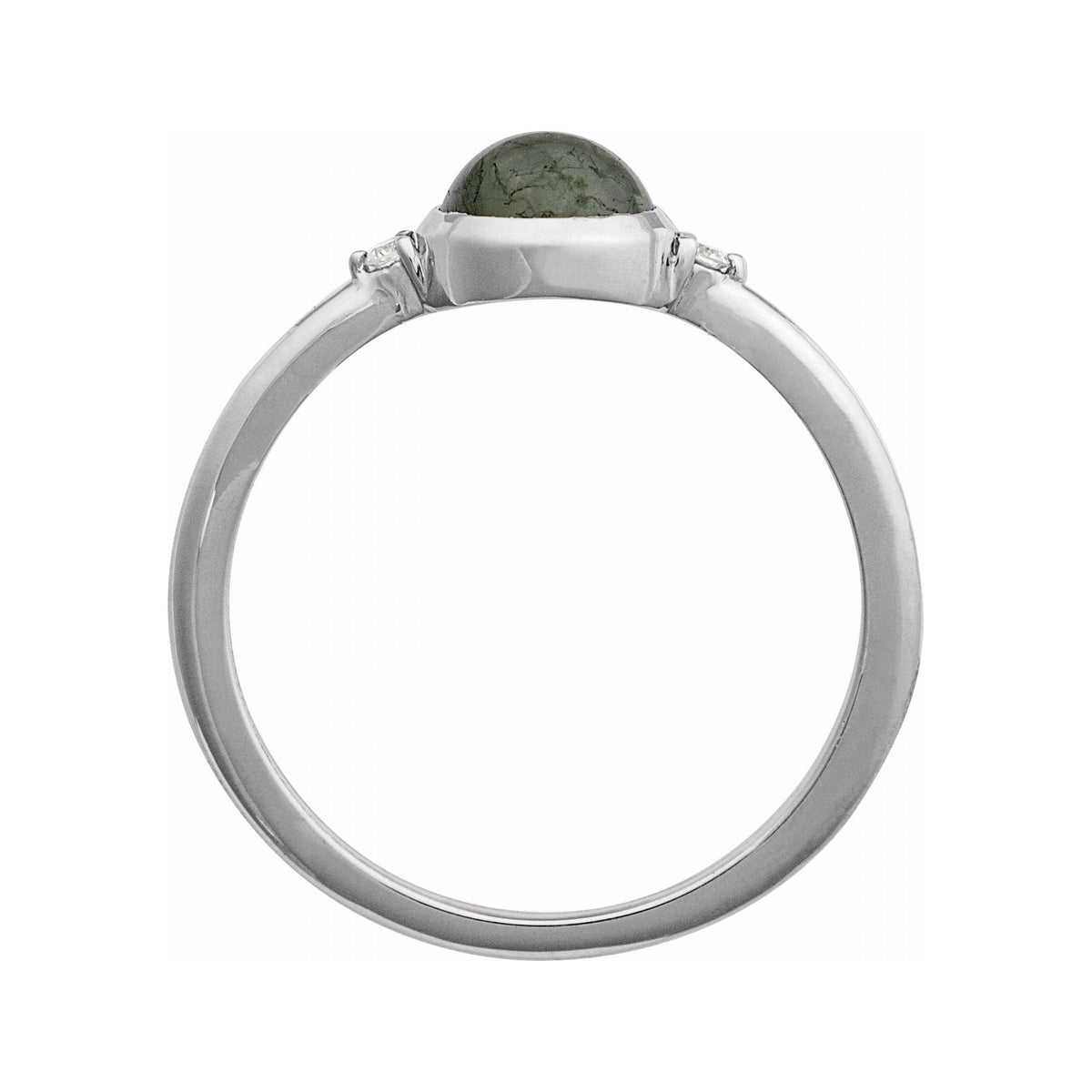 Sapphire Row Natural Gemstone Bezel-Set Cabochon Ring - Moss Agate, 14K White Gold, Round 6 mm (view 2)