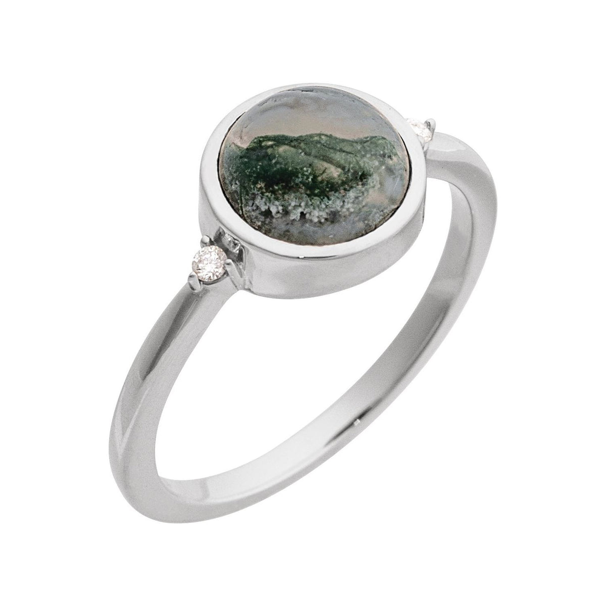 Sapphire Row Natural Gemstone Bezel-Set Cabochon Ring - Moss Agate, 14K White Gold, Round 8 mm