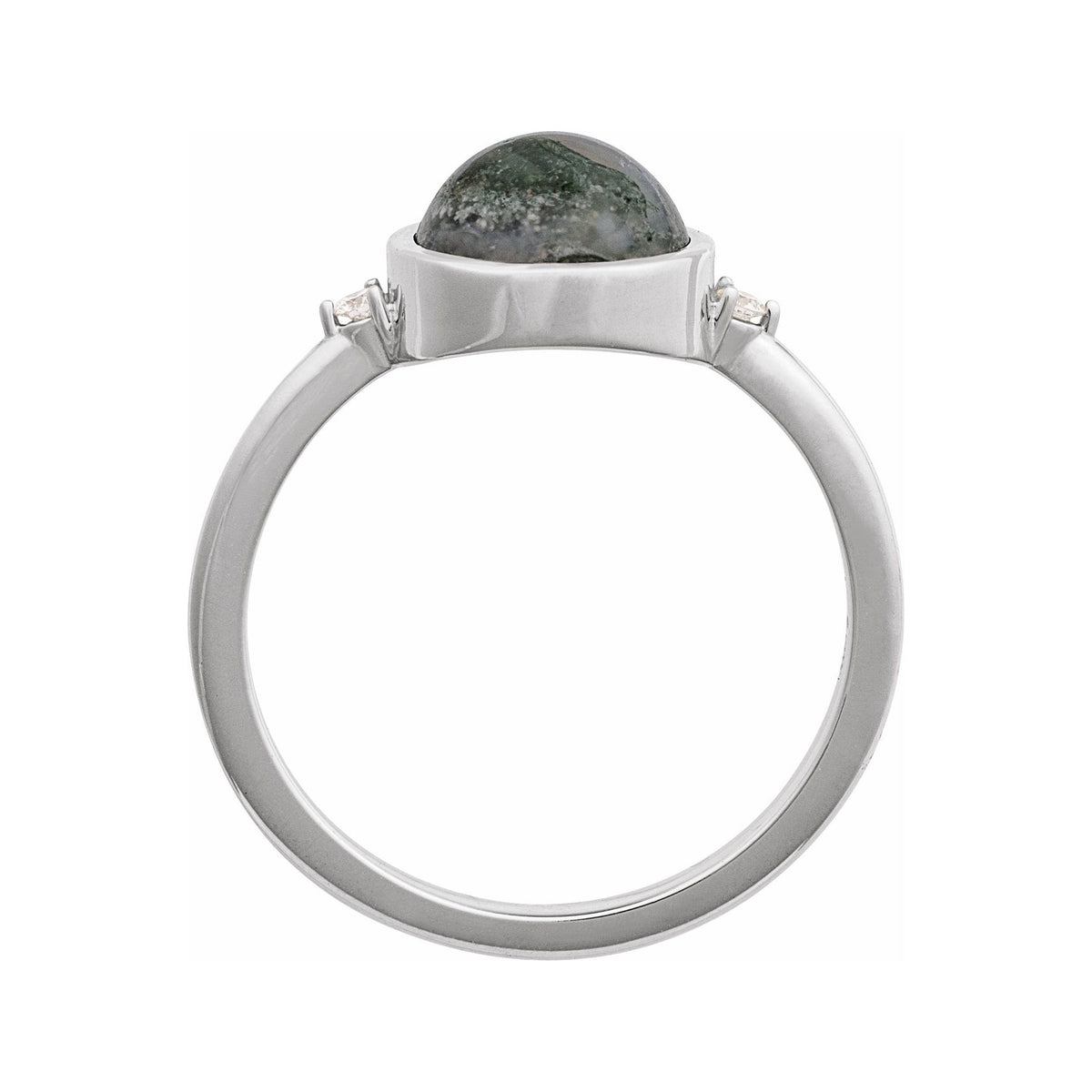 Sapphire Row Natural Gemstone Bezel-Set Cabochon Ring - Moss Agate, 14K White Gold, Round 8 mm (view 2)