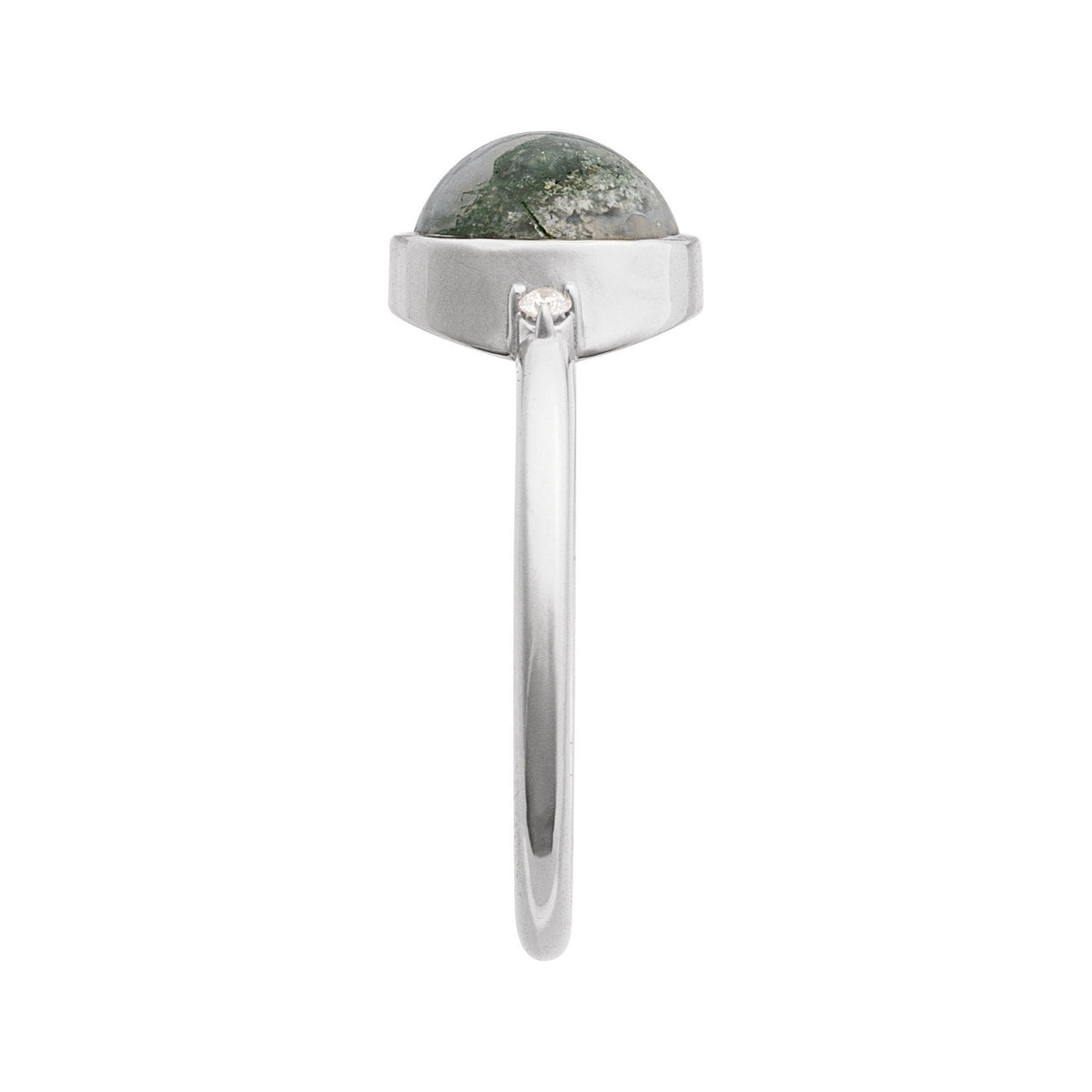 Sapphire Row Natural Gemstone Bezel-Set Cabochon Ring - Moss Agate, 14K White Gold, Round 8 mm (view 3)