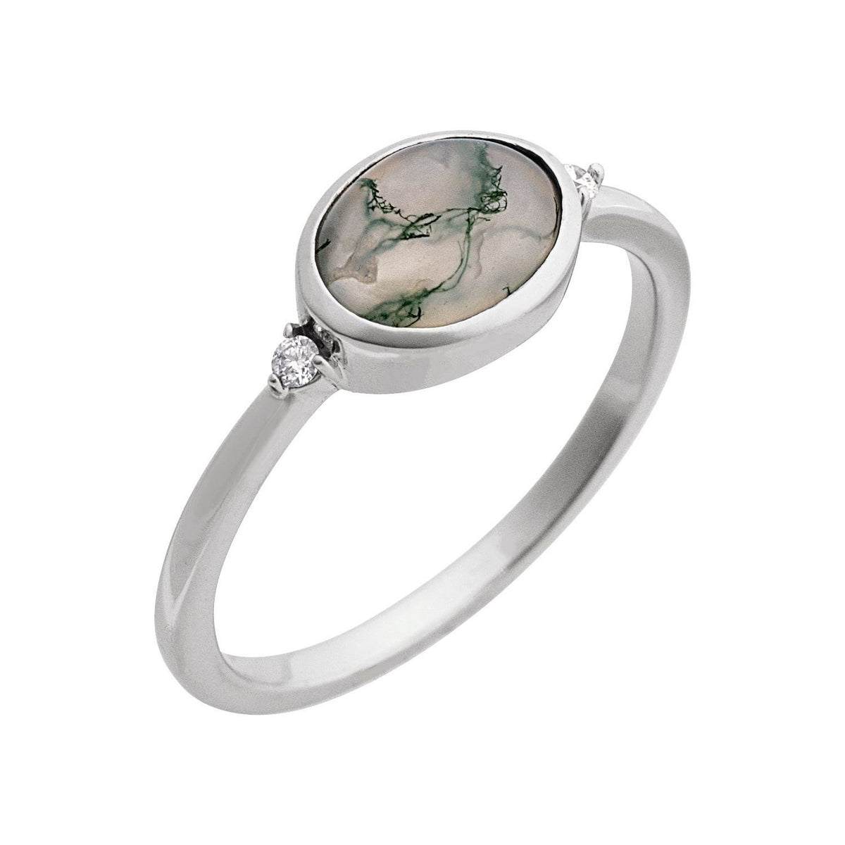 Sapphire Row Natural Gemstone Bezel-Set Cabochon Ring - Moss Agate, 14K White Gold, Oval 8 × 6 mm