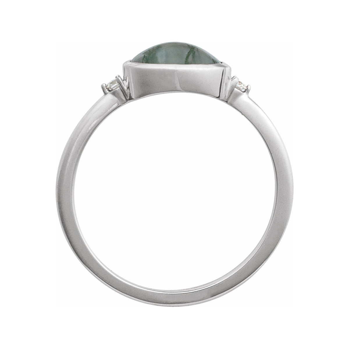 Sapphire Row Natural Gemstone Bezel-Set Cabochon Ring - Moss Agate, 14K White Gold, Oval 8 × 6 mm (view 2)
