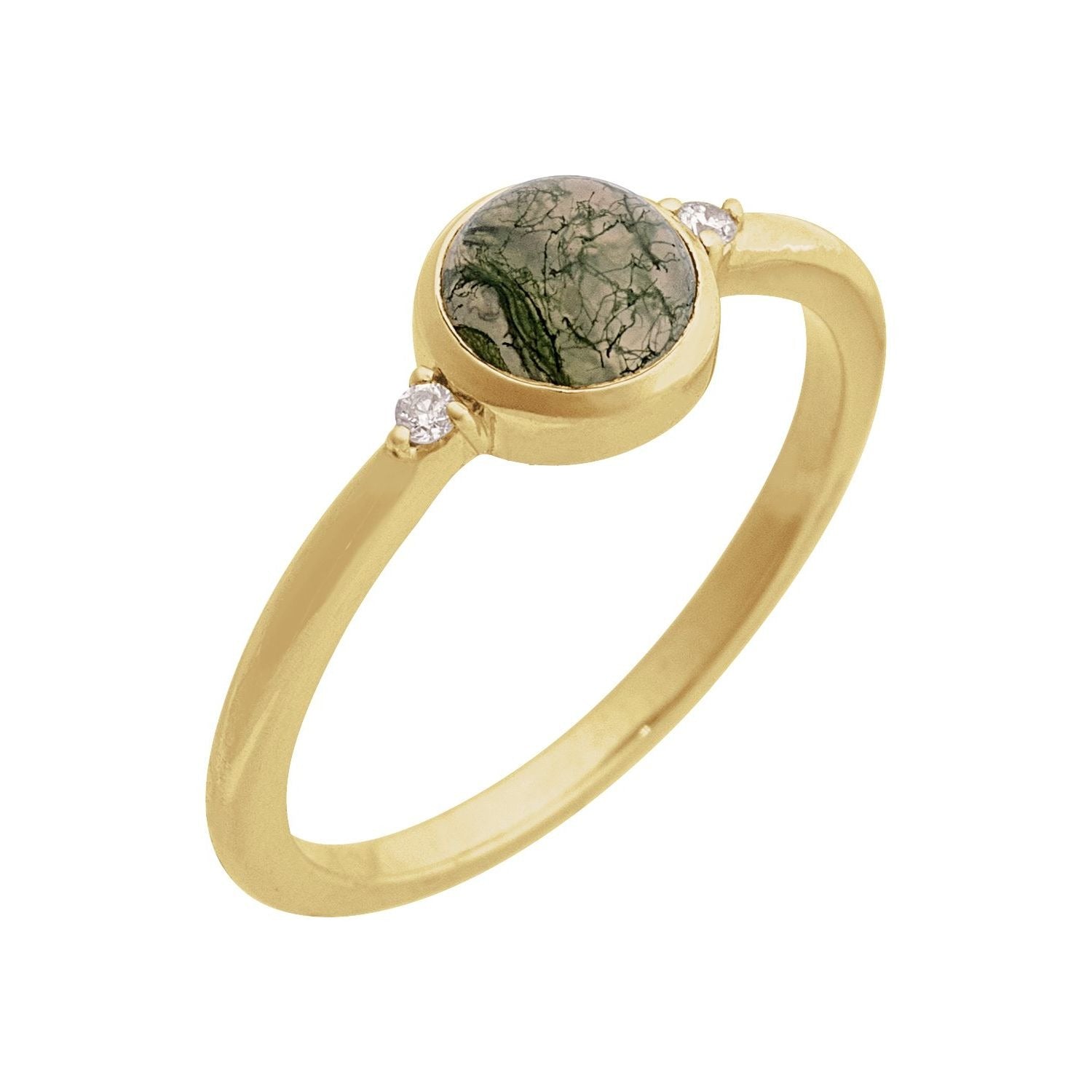 Sapphire Row Natural Gemstone Bezel-Set Cabochon Ring - Moss Agate, 14K Yellow Gold, Round 6 mm
