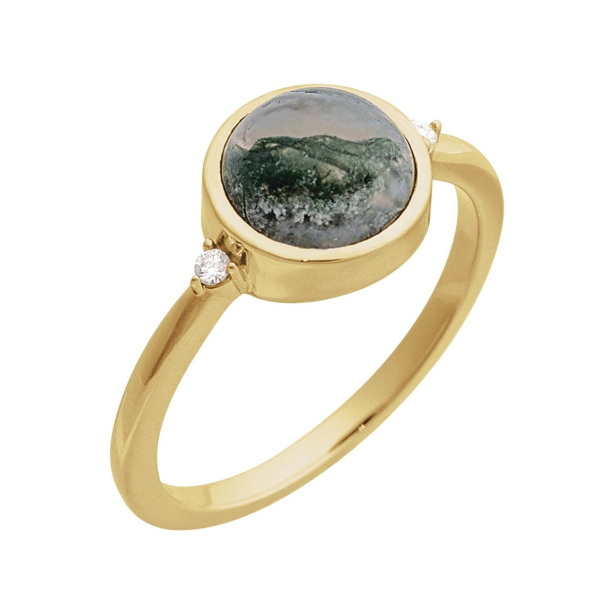 Sapphire Row Natural Gemstone Bezel-Set Cabochon Ring - Moss Agate, 14K Yellow Gold, Round 8 mm