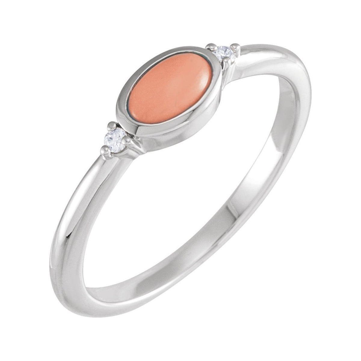 Sapphire Row Natural Gemstone Bezel-Set Cabochon Ring - Pink Coral, 14K White Gold, Oval 6 × 4 mm