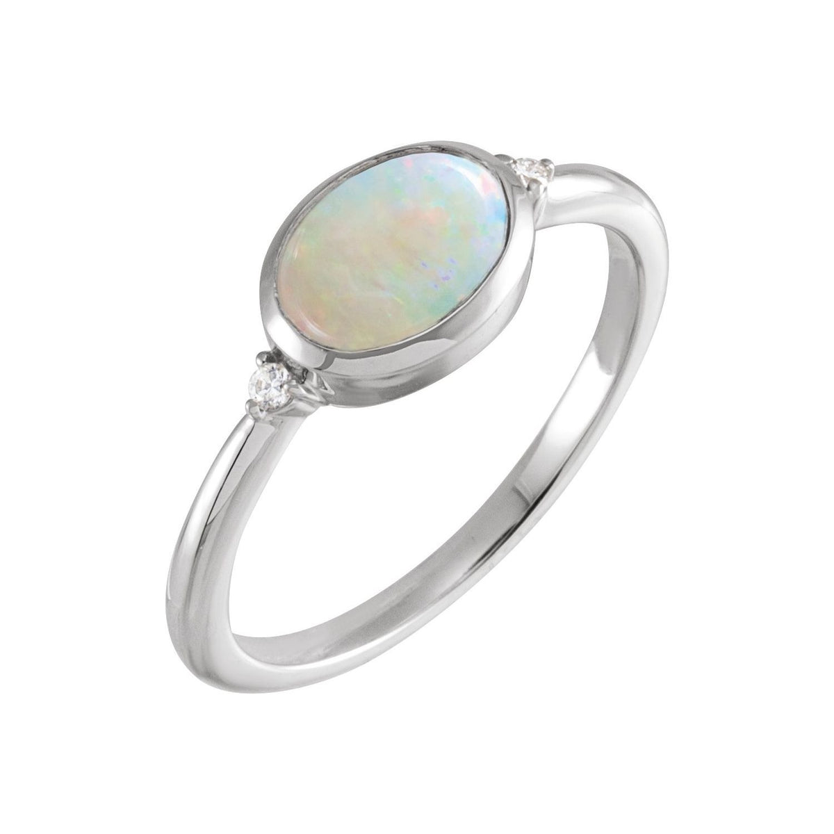 Sapphire Row Natural Gemstone Bezel-Set Cabochon Ring - Ethiopian Opal, 14K White Gold