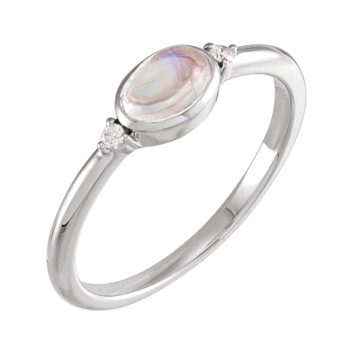 Sapphire Row Natural Gemstone Bezel-Set Cabochon Ring - Rainbow Moonstone, 14K White Gold