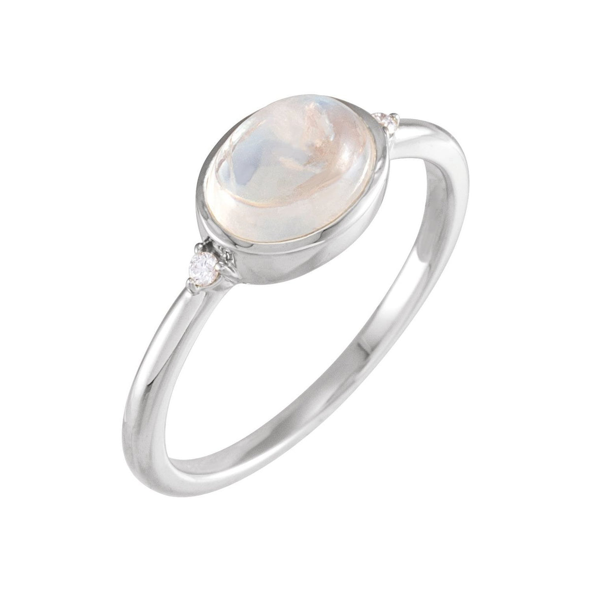 Sapphire Row Natural Gemstone Bezel-Set Cabochon Ring - Rainbow Moonstone, 14K White Gold