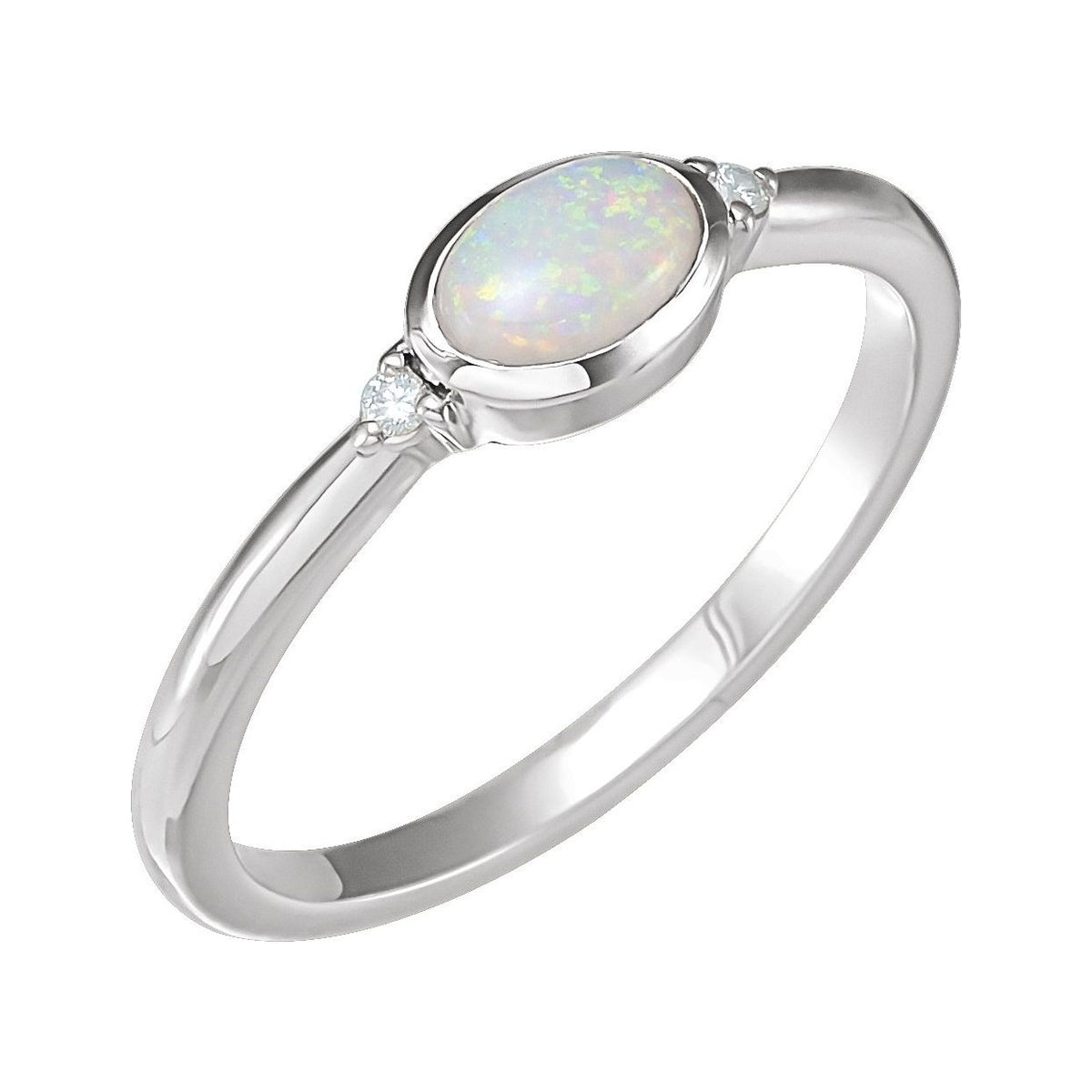 Sapphire Row Natural Gemstone Bezel-Set Cabochon Ring - Ethiopian Opal, 14K White Gold, Oval 6 × 4 mm