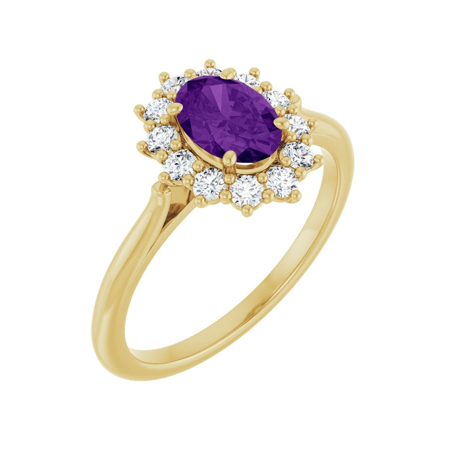 Sapphire Row Natural Gemstone Halo Ring - Amethyst, 10K Yellow Gold, Oval 7 × 5 mm · lab-grown diamond halo