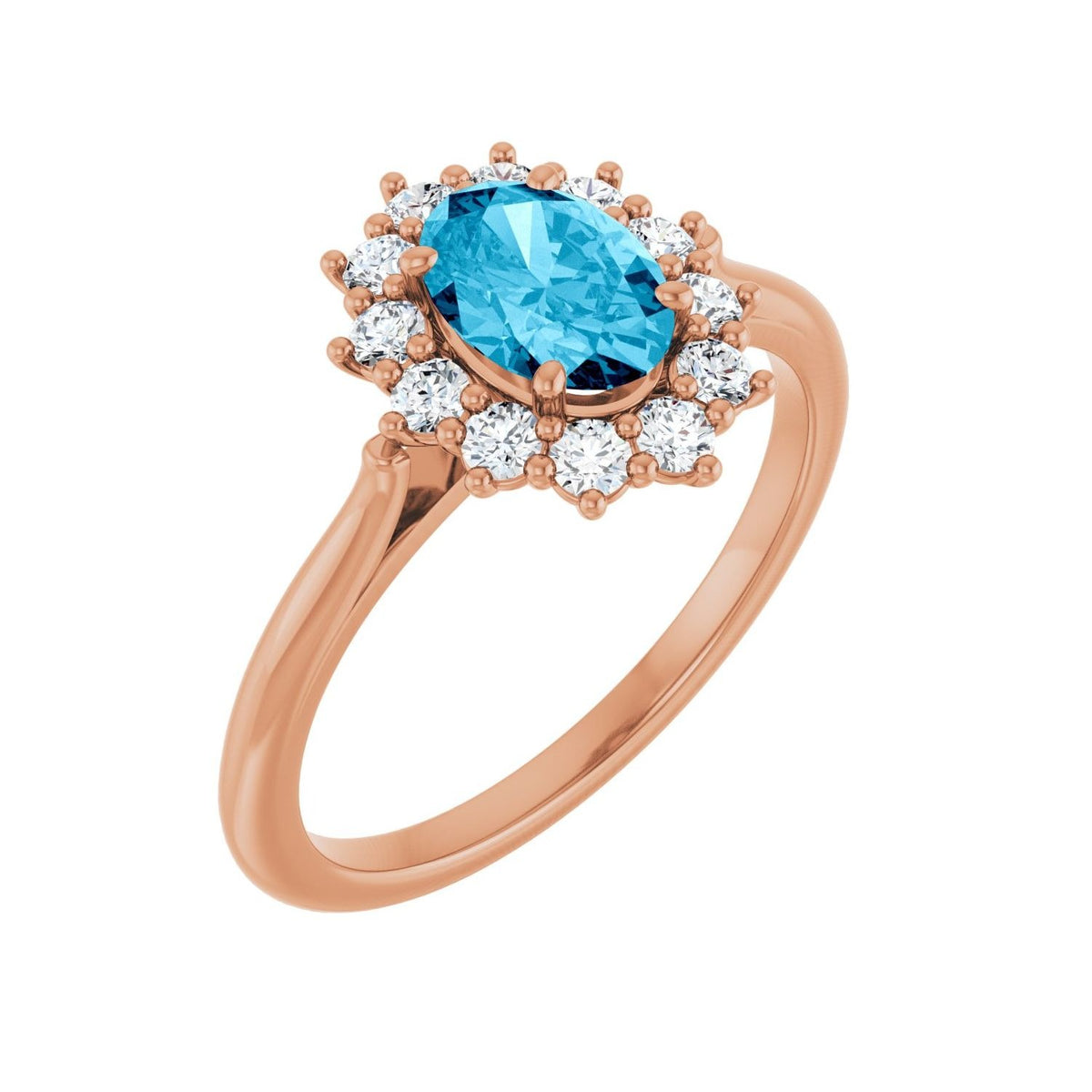 Sapphire Row Natural Gemstone Halo Ring - Aquamarine, 14K Rose Gold, Oval 7 × 5 mm · lab-grown diamond halo