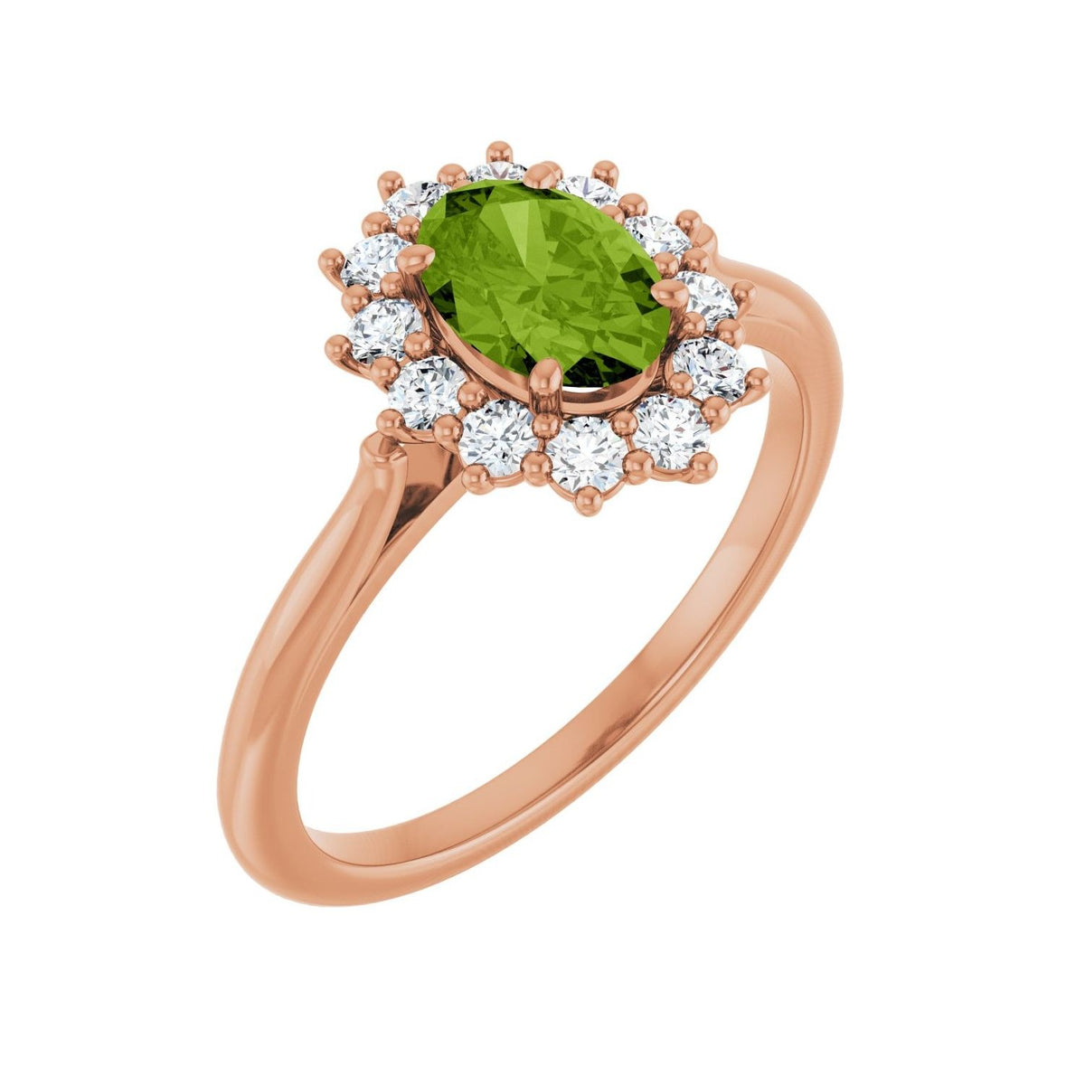 Sapphire Row Natural Gemstone Halo Ring - Peridot, 14K Rose Gold, Oval 7 × 5 mm · lab-grown diamond halo