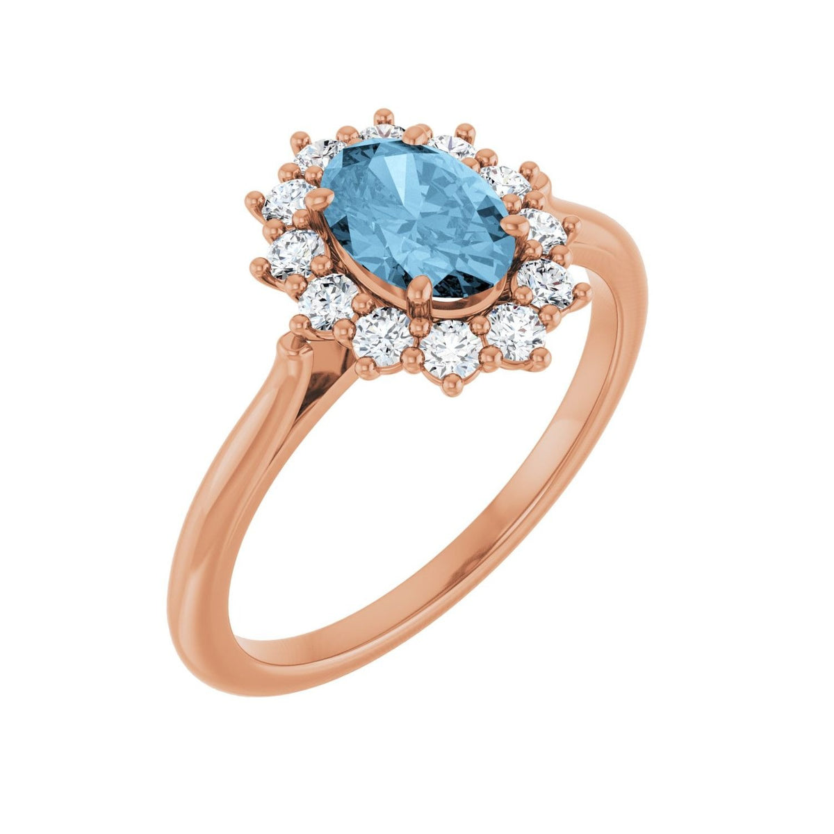Sapphire Row Natural Gemstone Halo Ring - Sky Blue Topaz, 14K Rose Gold, Oval 7 × 5 mm · lab-grown diamond halo