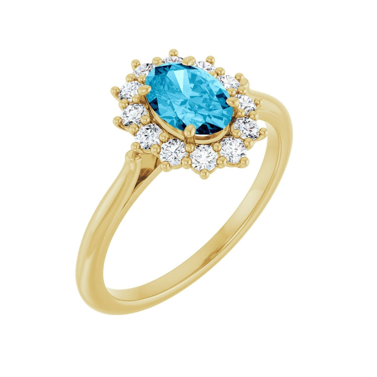 Sapphire Row Natural Gemstone Halo Ring - Aquamarine, 10K Yellow Gold, Oval 7 × 5 mm · lab-grown diamond halo