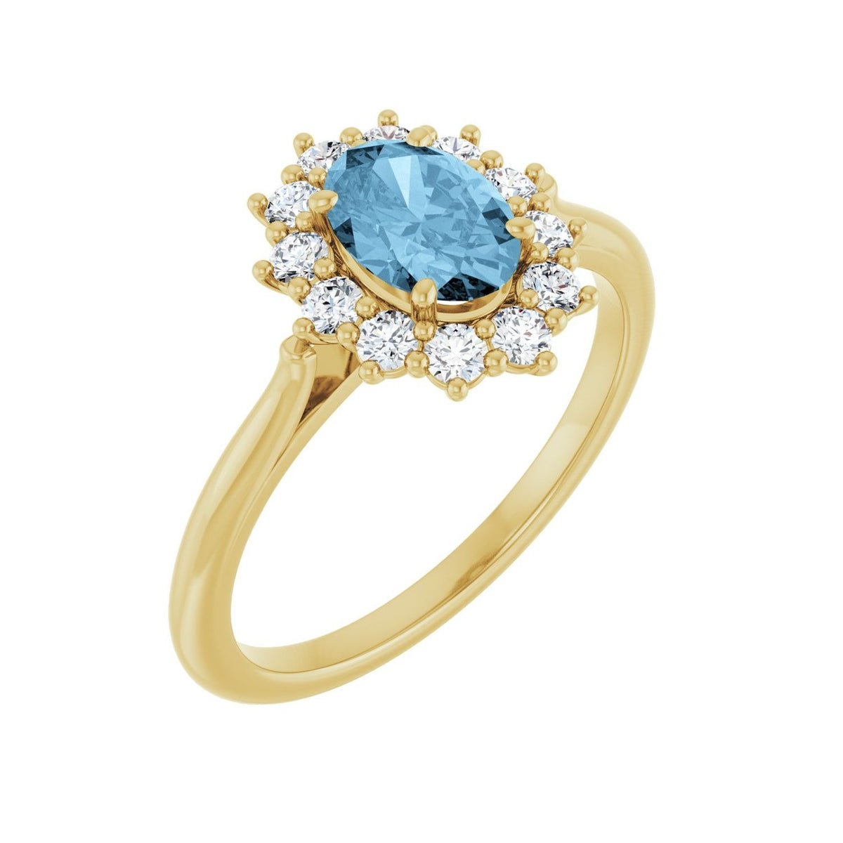 Sapphire Row Natural Gemstone Halo Ring - Sky Blue Topaz, 14K Yellow Gold, Oval 7 × 5 mm · lab-grown diamond halo