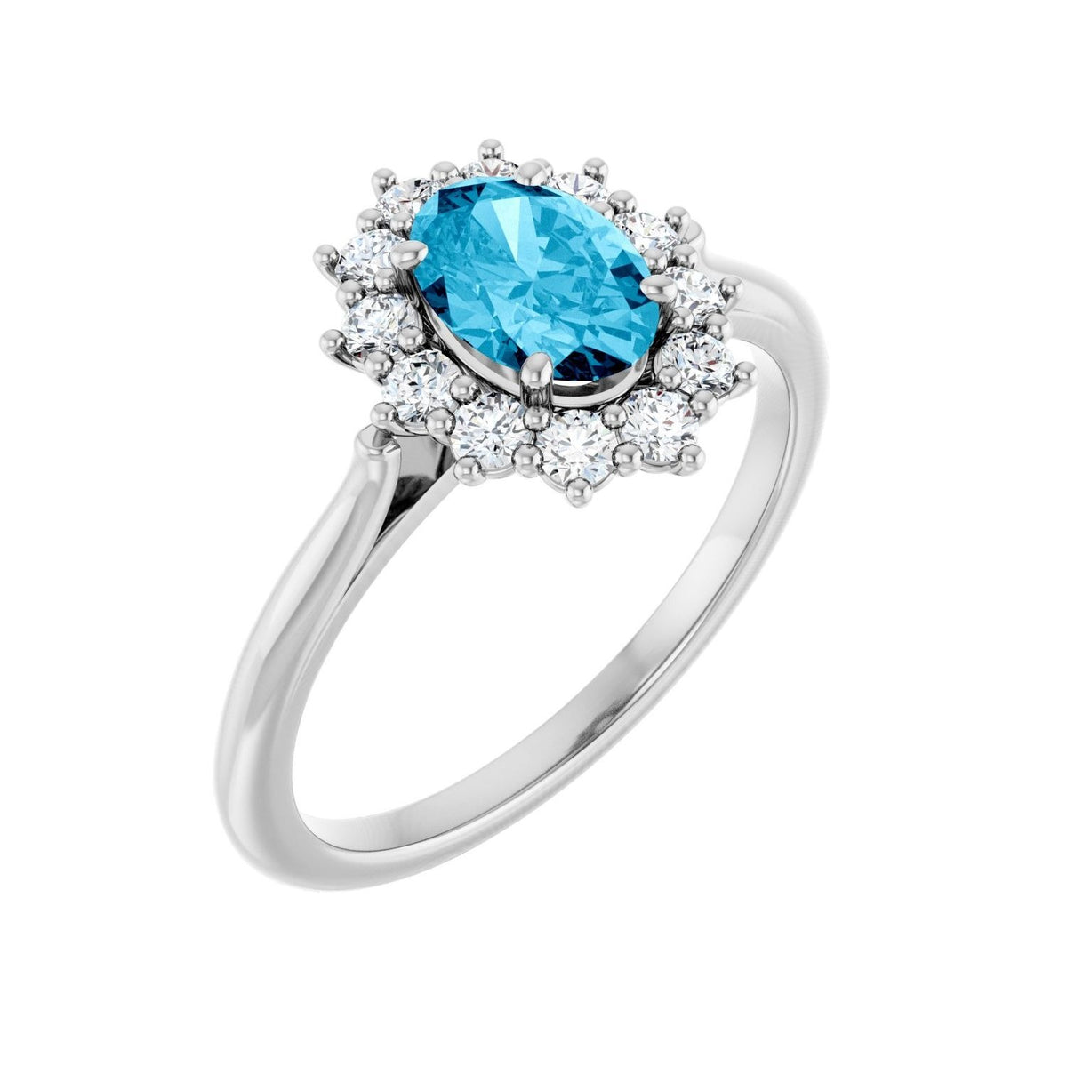 Sapphire Row Natural Gemstone Halo Ring - Aquamarine, 14K White Gold, Oval 7 × 5 mm · lab-grown diamond halo