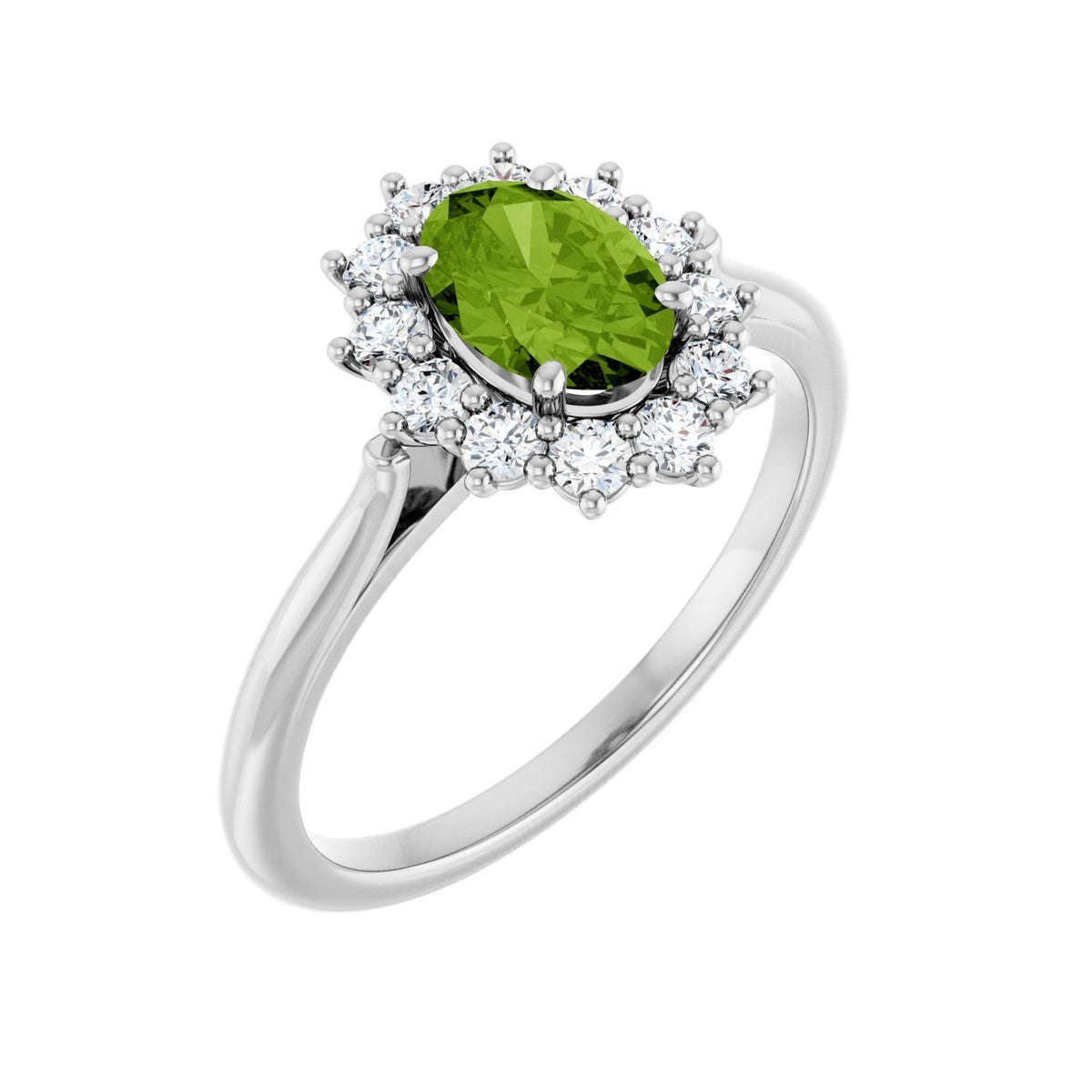 Sapphire Row Natural Gemstone Halo Ring - Peridot, 10K White Gold, Oval 7 × 5 mm · lab-grown diamond halo