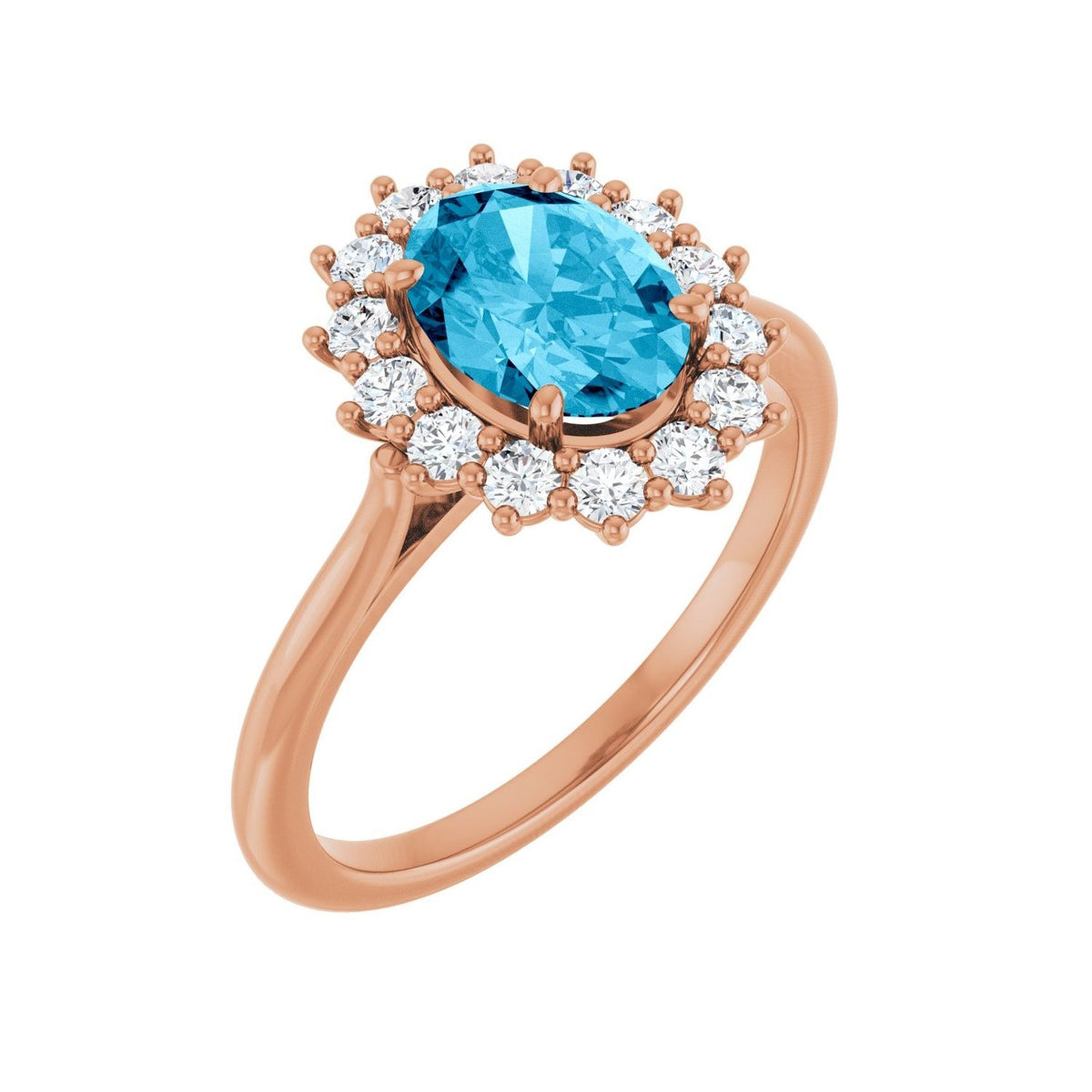 Sapphire Row Natural Gemstone Halo Ring - Aquamarine, 14K Rose Gold, Oval 8 × 6 mm · lab-grown diamond halo