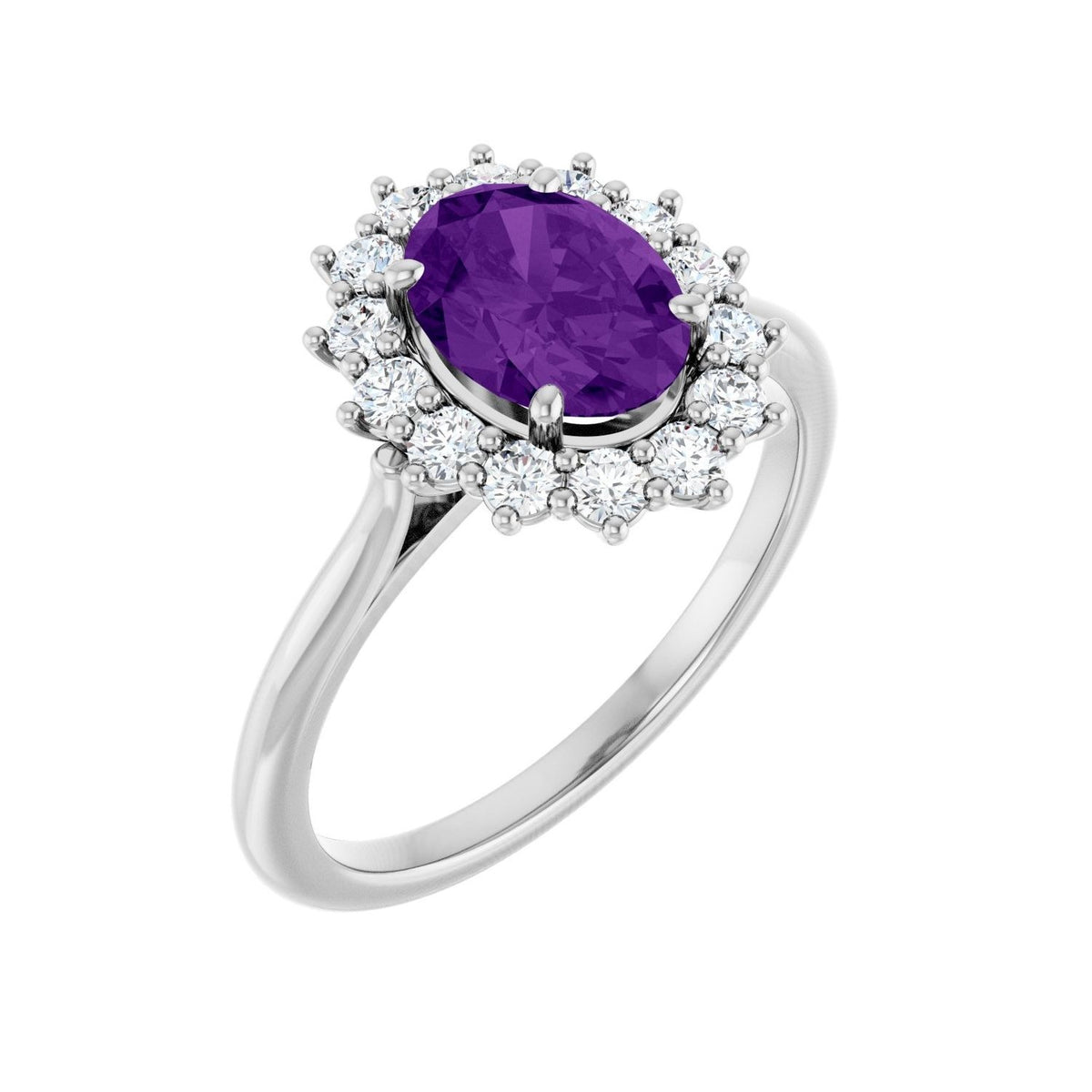 Sapphire Row Natural Gemstone Halo Ring - Amethyst, 10K White Gold, Oval 8 × 6 mm · lab-grown diamond halo